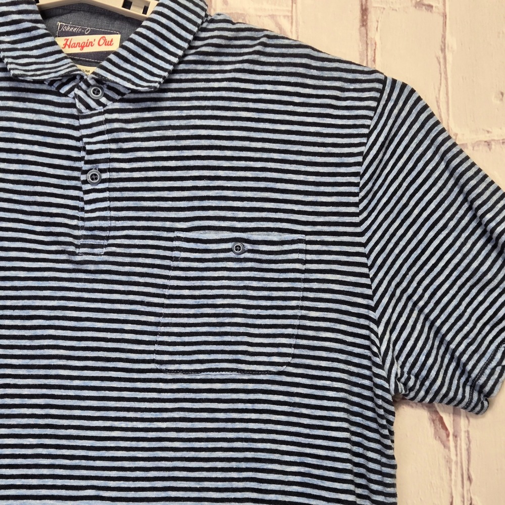 Johnnie-O Polo Shirt Blue Striped Linen Blend Hangin Out Casual Mens Medium